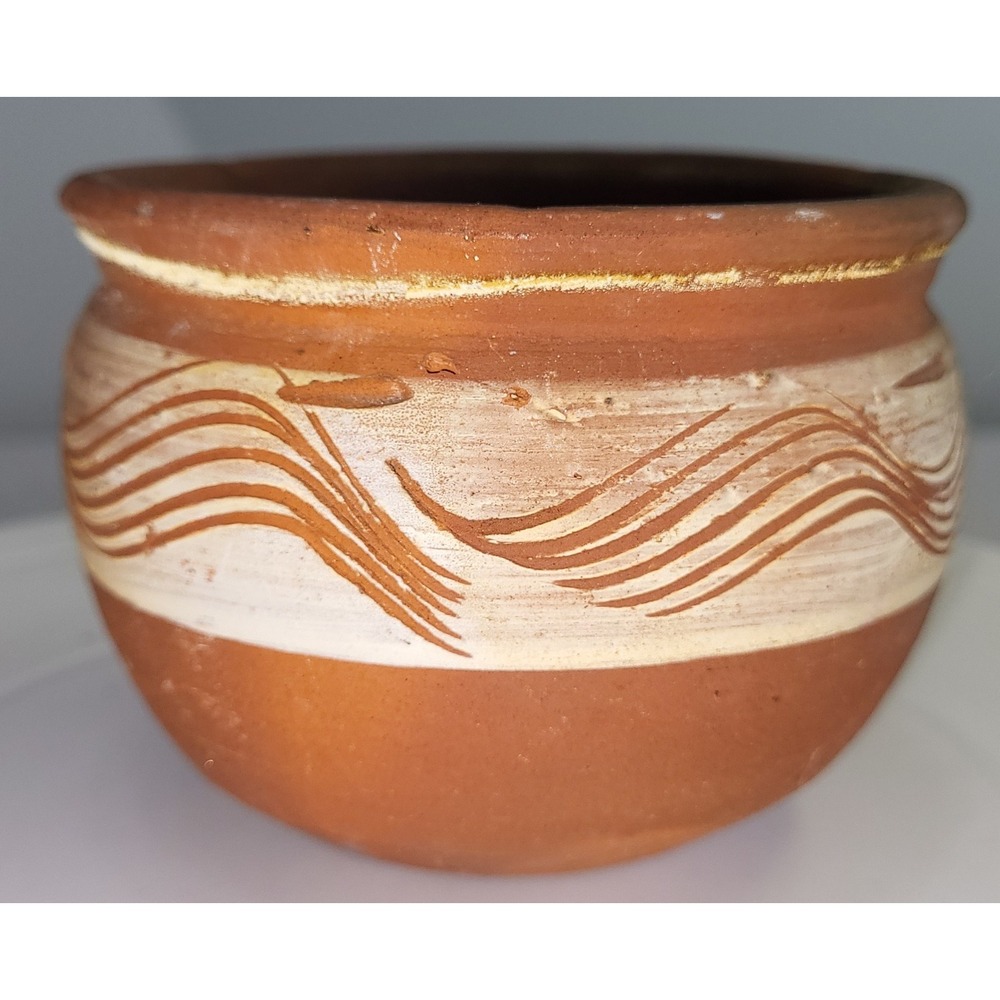 Handmade Terracotta Pot Small‎ Rustic Clay Boho Vessel Etched Band Folk Pottery